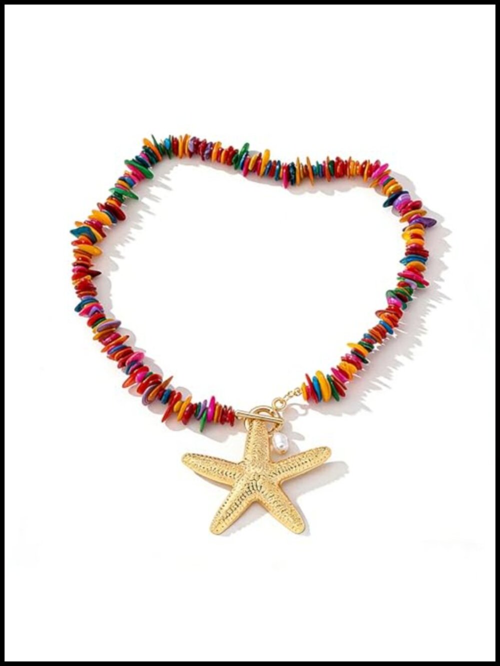 Chunky Gold Big Starfish Pendant Necklace Boho Stone Chip Beaded Choker